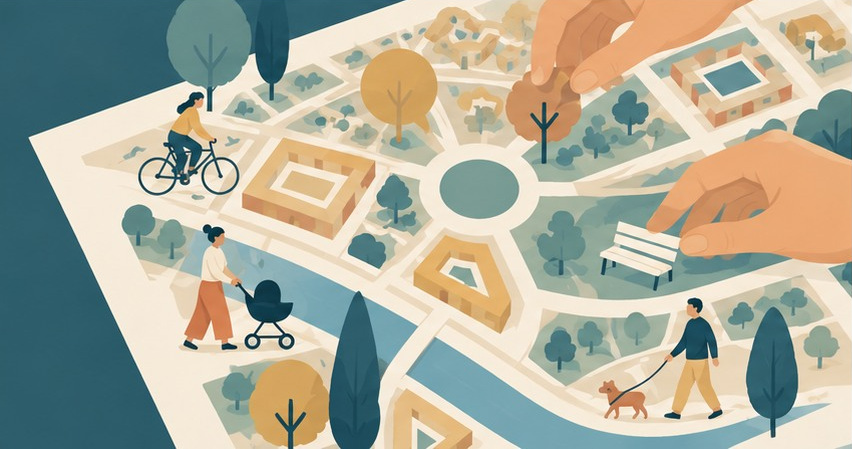 Mappa illustrata di una città con spazi pubblici